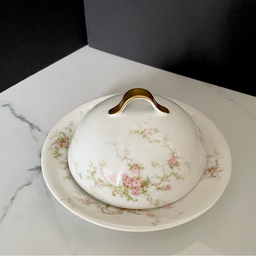 Covered Butter Dish with Strainer - Pink Rose Pattern - Haviland Limoges